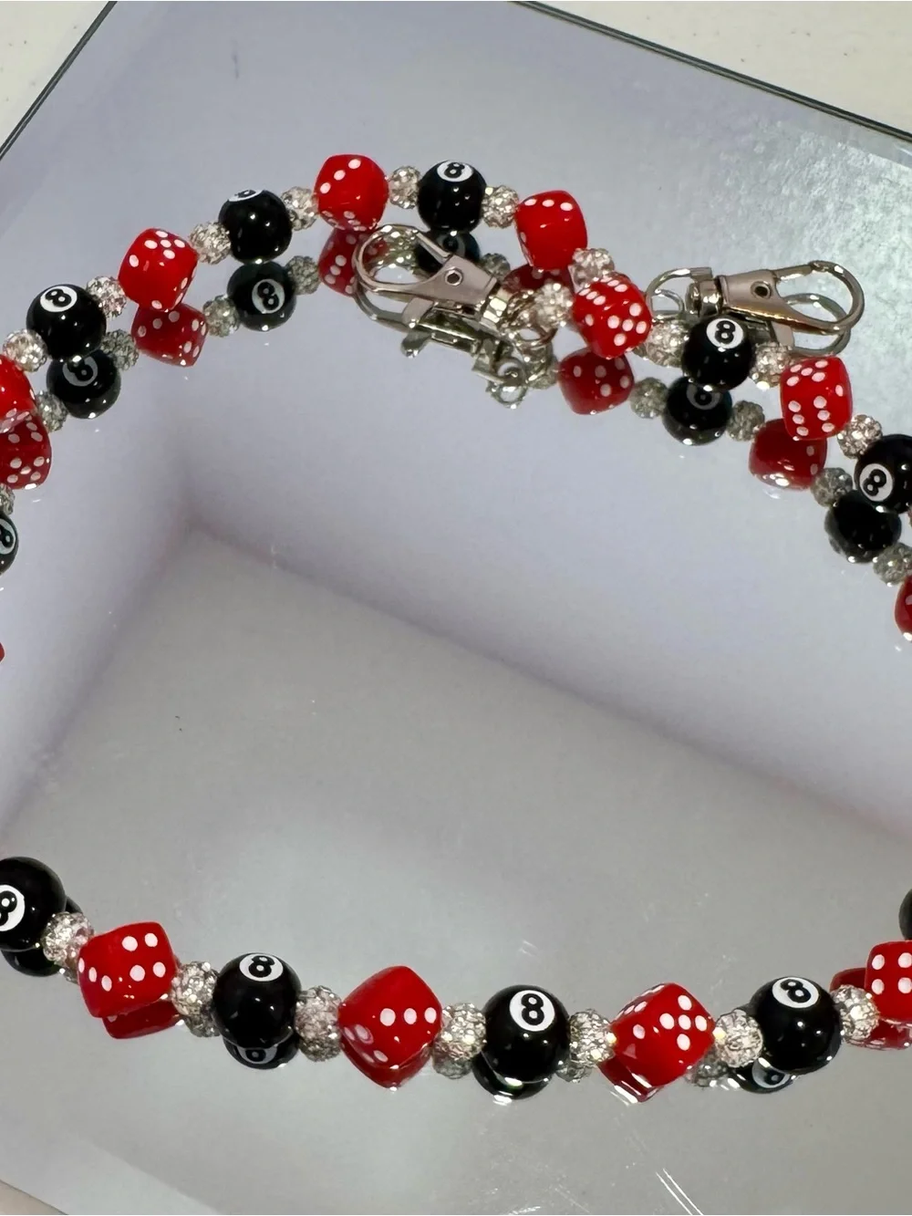 New Beaded Red & Black Dice and 8-Ball Bag Chain 18 inches